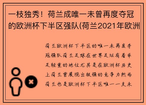 一枝独秀！荷兰成唯一未曾再度夺冠的欧洲杯下半区强队(荷兰2021年欧洲杯)